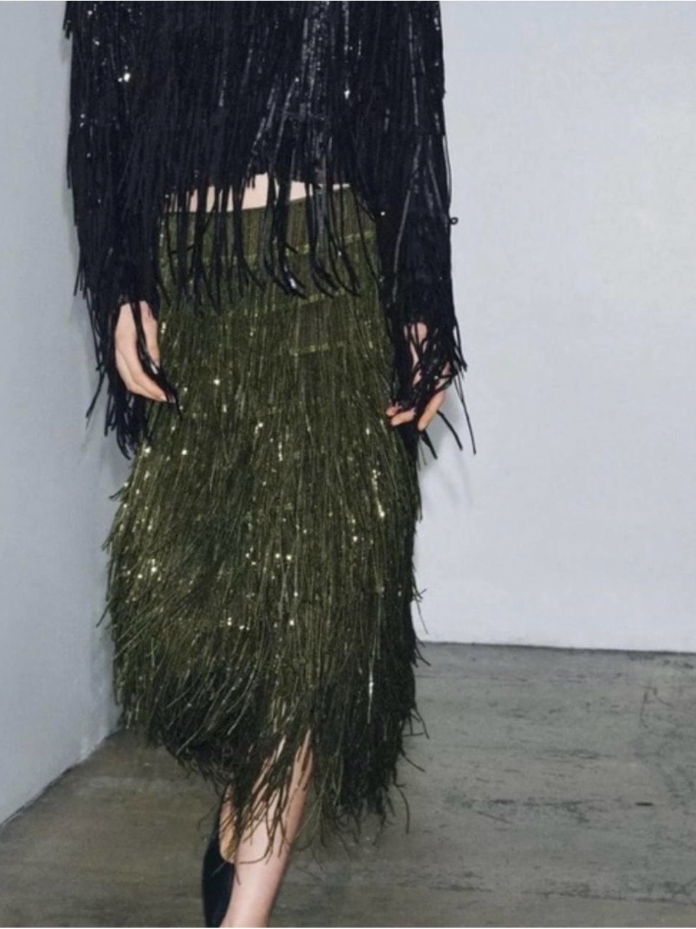 Zara Olive Green Sequin Fringe Midi Skirt